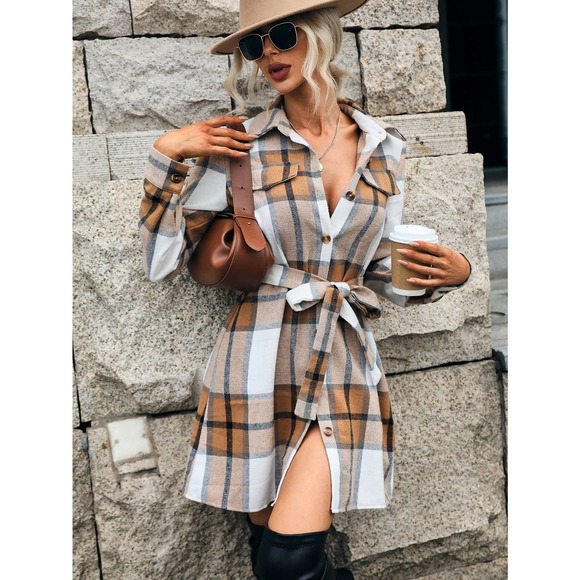 Plaid button down Belted Shirt Dress long sleeve pink white - Picture 8 of 10